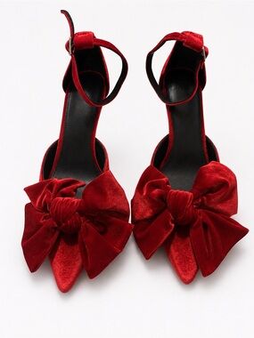H&M Red Velvet Bow Pointed-Toe Ankle-Strap Heels